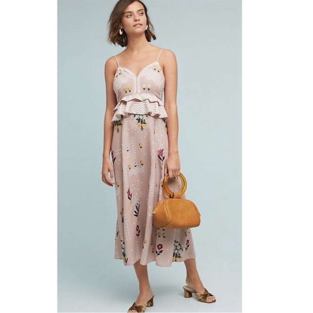 🌸Anthropologie Sahil Kochhar Embroidered Cottagecore Pink Floral Peplum Dress 14